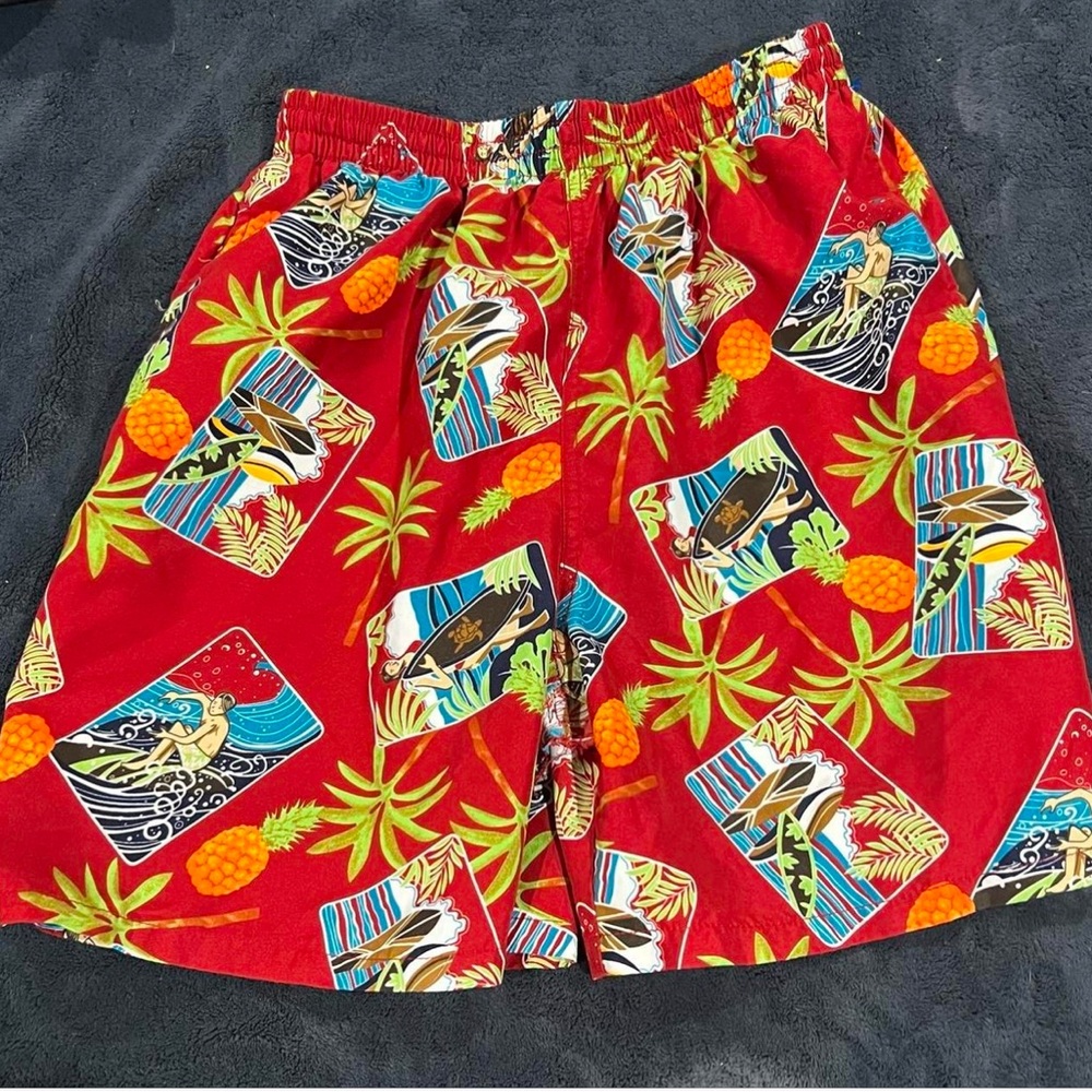 Red and Green Athletic Shorts with Tropical Print